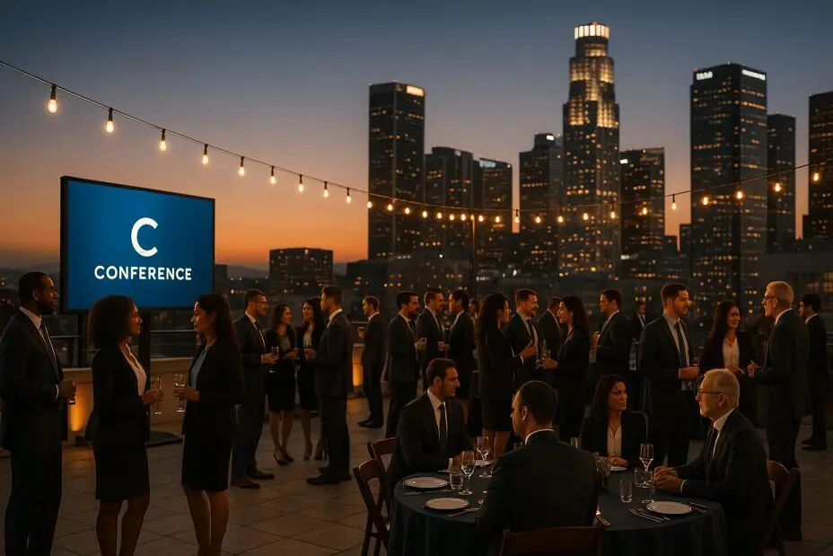 A professional rooftop corporate event in Downtown Los Angeles during sunset, featuring diverse business professionals networking around banquet tables with elegant décor. The city skyline, including the US Bank Tower, glows in the background. String lights add warmth, and a digital screen displays a "Conference" sign, enhancing the upscale and modern atmosphere.
