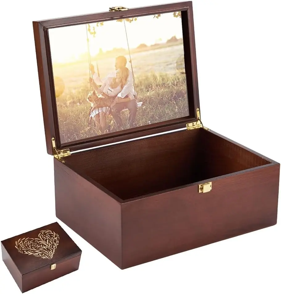 Larger Wooden Memory Keepsake Boxes with Hinged Lids and a Photo Frame Inside the Lid