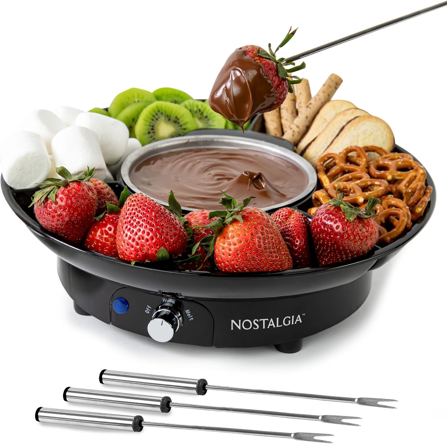 Nostalgia 10 Oz Electric Fondue Pot Set for Cheese & Chocolate – 4 Dipping Forks, 3-Section Food Tray