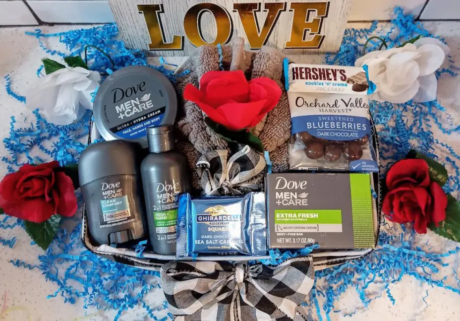 Gift Basket for Him Hamper Birthday Anniversary Father's Day Any Occasion Men's Dove Bath Body Face Spa Orchard Valley Blueberries Chocolate