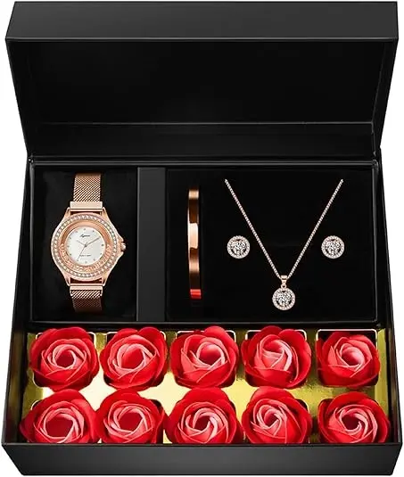 Gifts for Women Jewelry Sets, 4 Pieces Rose Gold Women's Watch Necklace Earring Bracelet