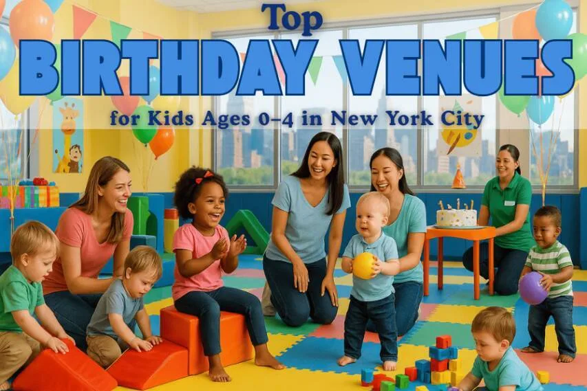 "A lively kids’ birthday party in a colorful indoor play space in New York City. Toddlers aged 1 to 4 are playing on padded mats with balloons and soft toys, surrounded by zoo-themed decorations and cartoon wall art. Smiling parents and caregivers supervise as a birthday cake with candles sits on a table. Large windows show the NYC skyline in the background, creating a joyful and safe environment for a toddler celebration."