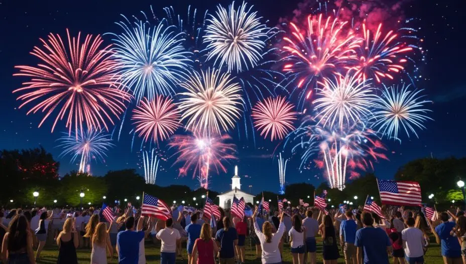 Colorful fireworks display over a crowd celebrating Independence Day with American flags.