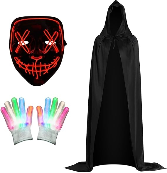 Hooded Cloak + LED Mask & Skeleton Gloves (3-Piece Set)