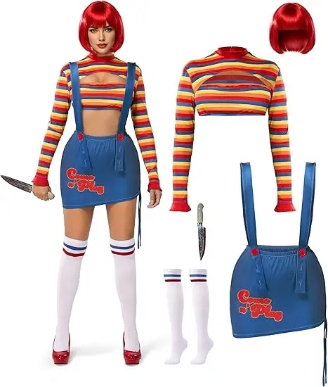 Scary Killer Doll Costume with Wig + Toy Knife