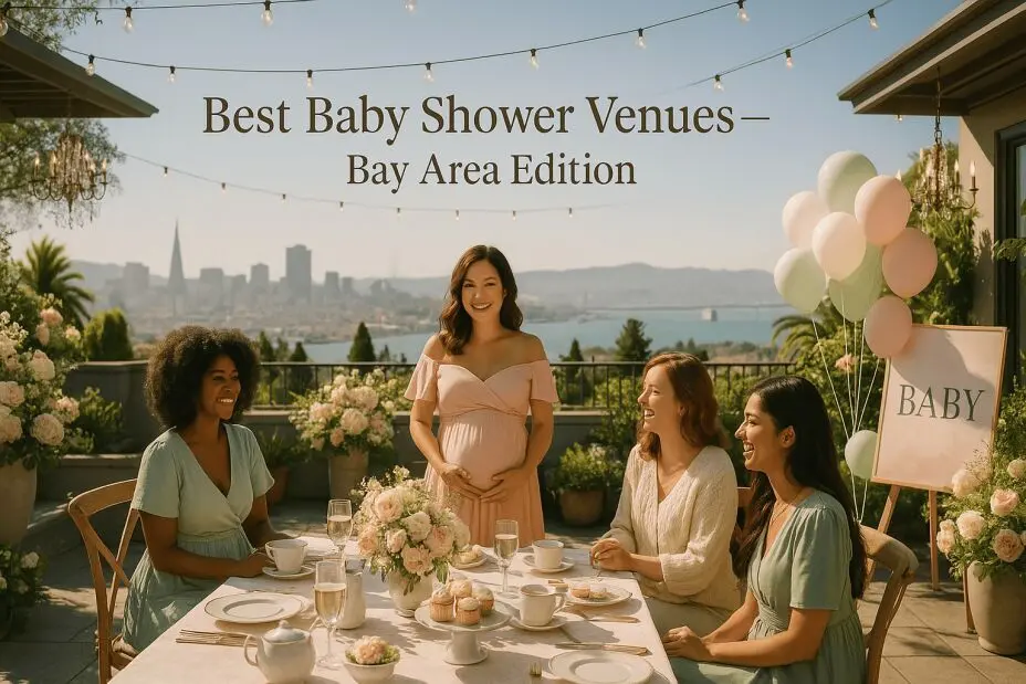 "Bay Area baby shower celebration with rooftop dining, floral decor, guests enjoying brunch, scenic San Francisco skyline, and rustic garden elements. Image includes indoor, outdoor, and backyard baby shower venues."