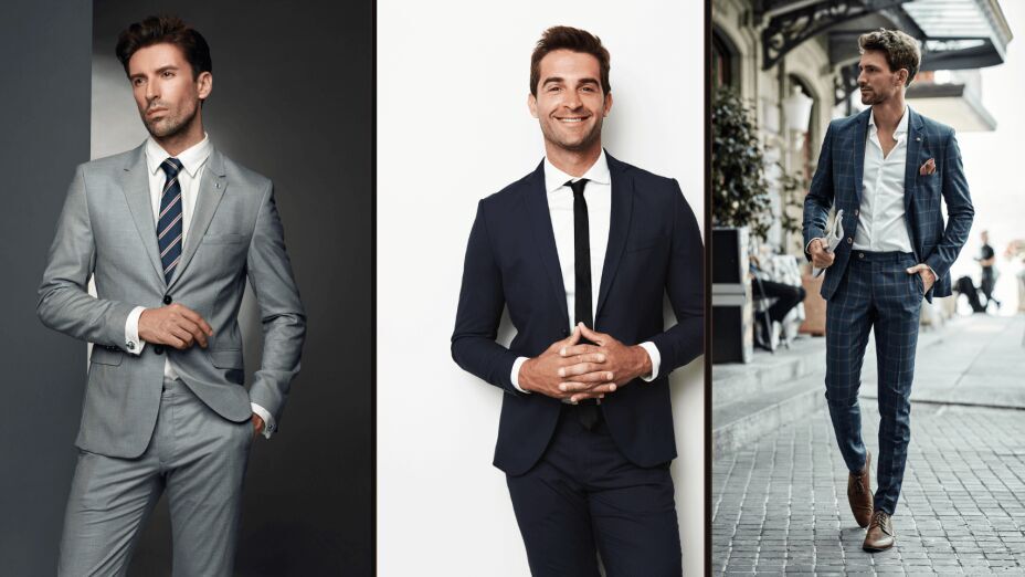 Different styles of men's suits for various occasions, including formal tuxedos, business suits, and casual smart outfits.