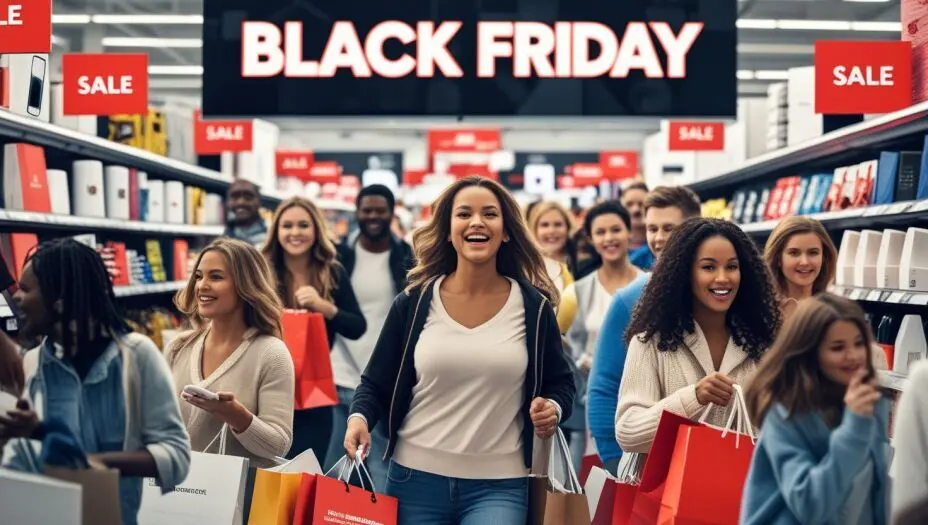 Black Friday shoppers looking at electronics, fashion items, and home goods with "Black Friday Sale" signs in a busy retail store