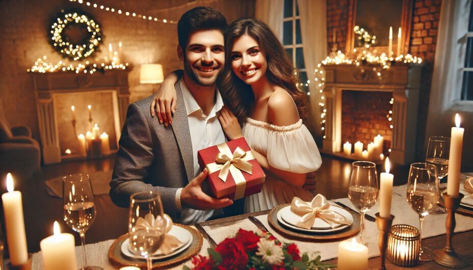 Happy couple celebrating an anniversary with gifts and a candlelit dinner