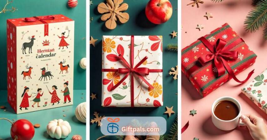 A collage of cultural Christmas gift-giving traditions, including German Advent calendars, Japanese wrapped gifts, and Scandinavian hygge-inspired presents.