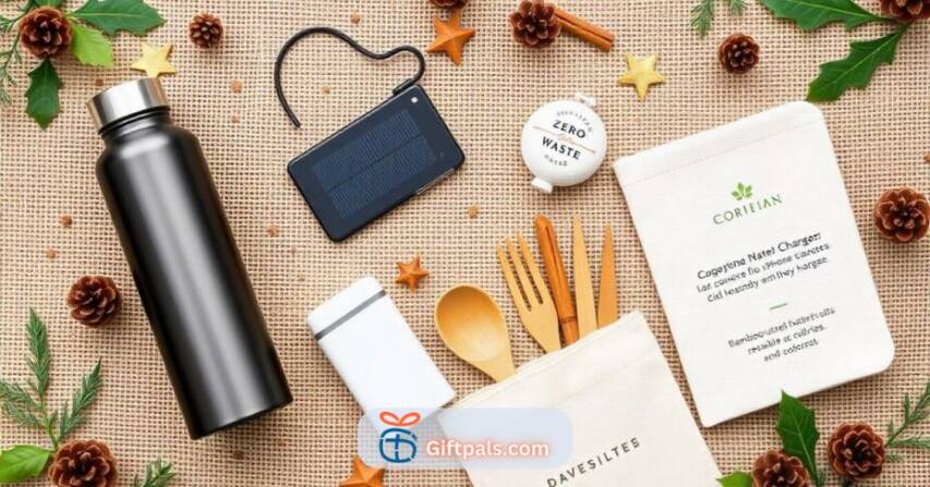 A flat lay of eco-friendly Christmas gifts, including reusable water bottles, solar gadgets, and a zero-waste kit, ideal for sustainable gifting in 2025.