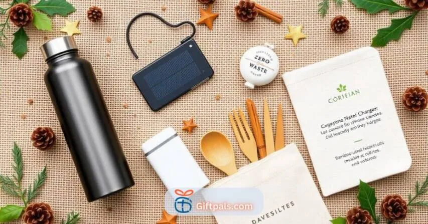 A flat lay of eco-friendly Christmas gifts, including reusable water bottles, solar gadgets, and a zero-waste kit, ideal for sustainable gifting in 2025.
