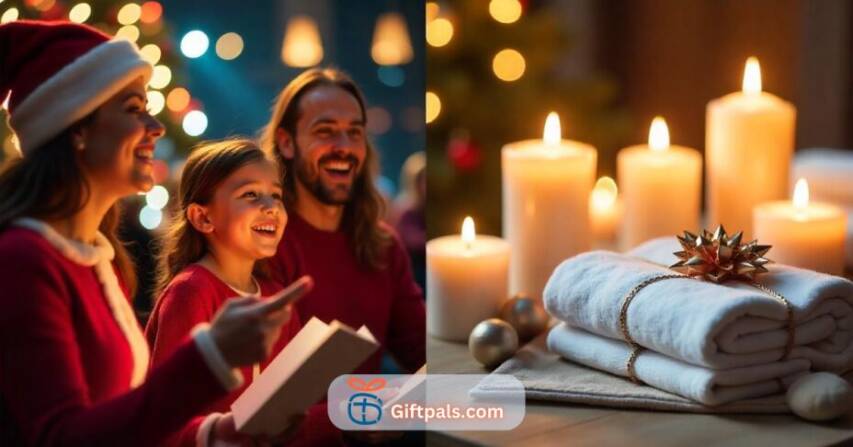 A family enjoying a Christmas concert and a spa setup with a gift card, showcasing the appeal of experience-based holiday gifts.