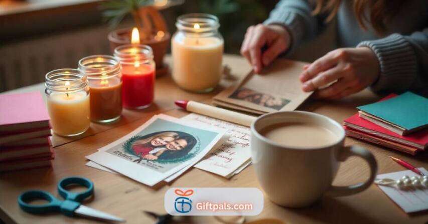 A cozy DIY workspace featuring homemade candles, personalized photo frames, and handwritten Christmas cards for affordable Christmas gifting.