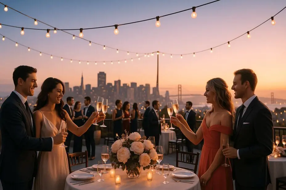 Romantic rooftop engagement party at sunset in San Francisco, with elegantly dressed couples toasting champagne under string lights, round tables adorned with white-peach floral centerpieces, and the Golden Gate Bridge visible in the background.