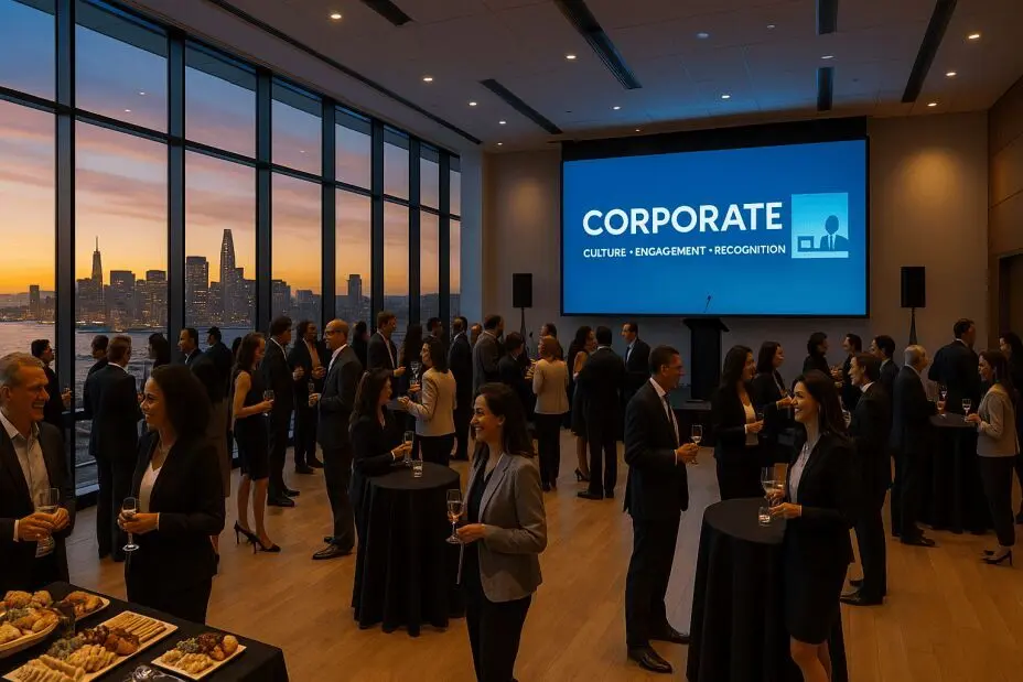 Ultra-realistic corporate networking event inside a modern Bay Area venue at sunset, featuring floor-to-ceiling glass walls with panoramic San Francisco skyline views, warm ambient lighting, diverse professionals in business attire mingling around cocktail tables, gourmet catering stations, and a large LED display showing company branding and event visuals. 