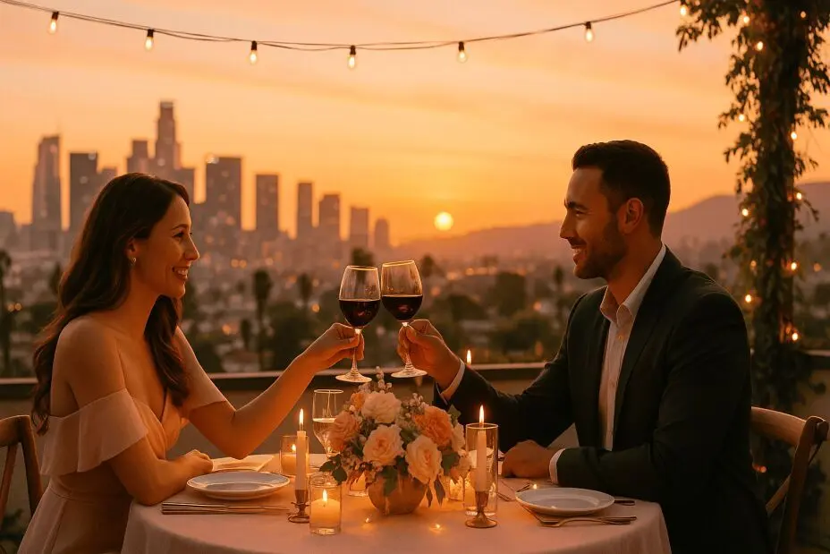 A romantic couple clinks wine glasses at a candlelit dinner table on a Los Angeles rooftop during golden hour, with string lights overhead, blush-toned linens, fresh flowers, and the city skyline glowing in the sunset background.