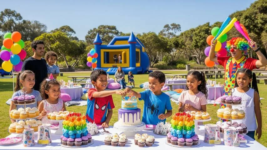 Colorful kids’ birthday catering table with mini burgers, cupcakes, and drinks, set up in a San Jose backyard by a local catering vendor.