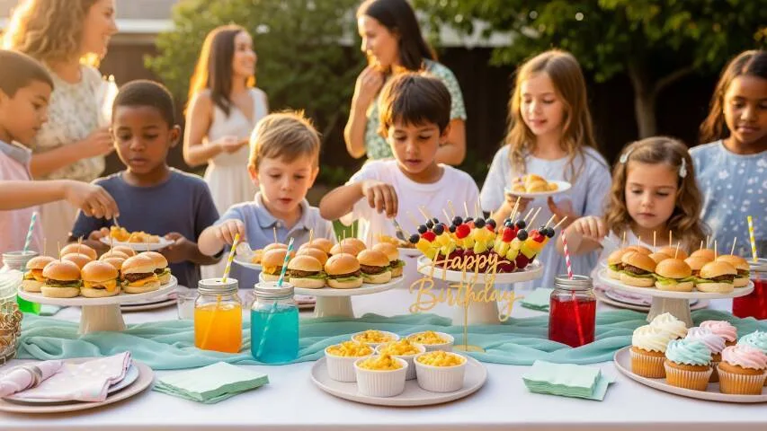 Colorful kids’ birthday catering table with mini burgers, cupcakes, and drinks, set up in a San Jose backyard by a local catering vendor.