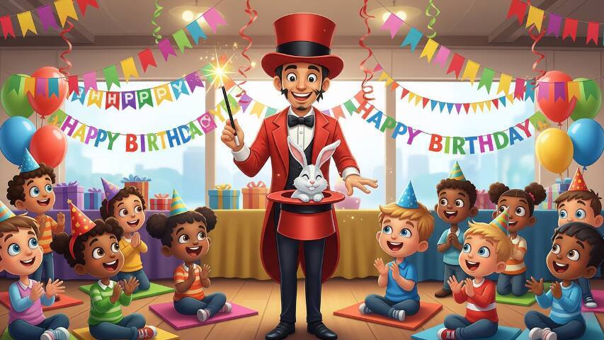 Magician performing for kids at a birthday party in San Francisco with party balloons, themed decor, and laughing children enjoying the show.