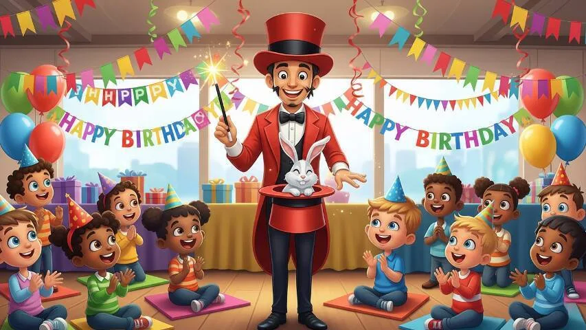 Magician performing for kids at a birthday party in San Francisco with party balloons, themed decor, and laughing children enjoying the show.