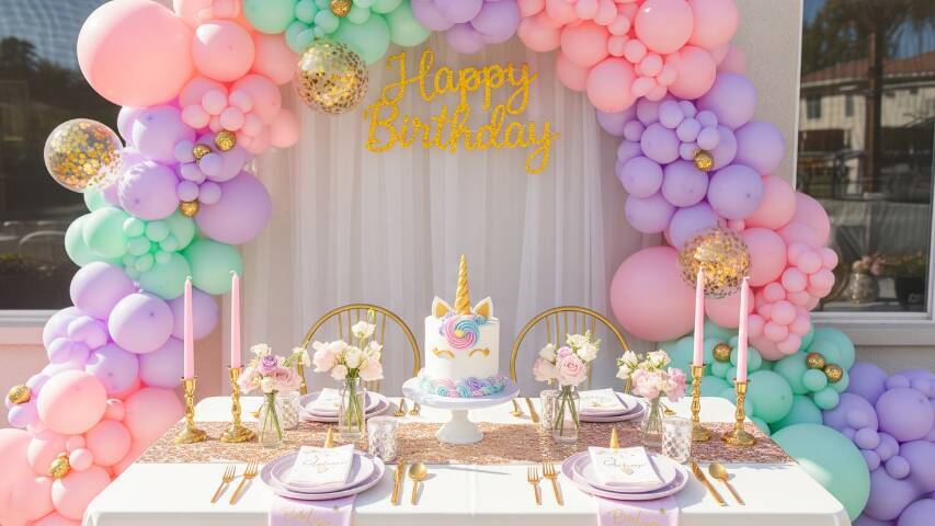 Elegant unicorn-themed birthday decorations with pastel balloon arch, dessert table, and gold accents — designed by a Bay Area decor company.
