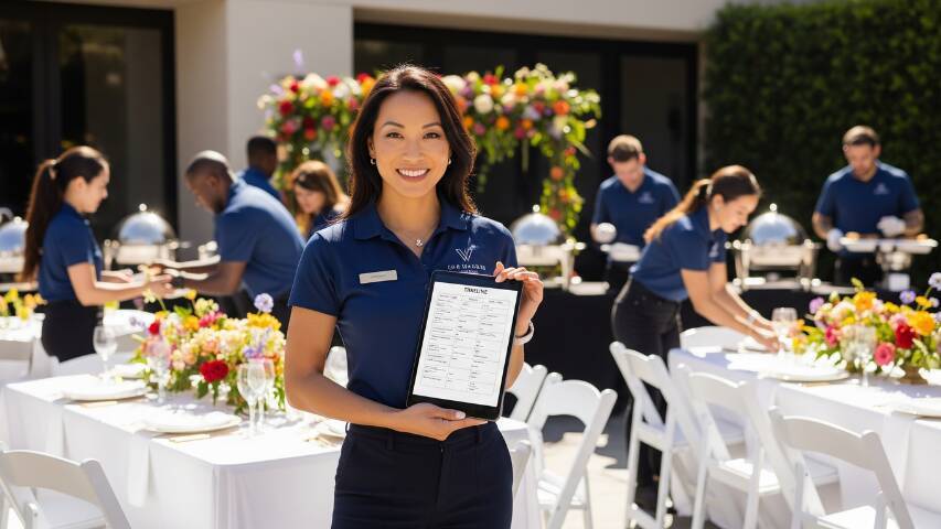 Professional birthday party planner organizing setup at an outdoor Bay Area venue with staff, clipboard, and coordinated decor elements.