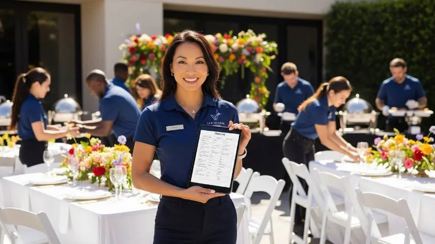 Professional birthday party planner organizing setup at an outdoor Bay Area venue with staff, clipboard, and coordinated decor elements.