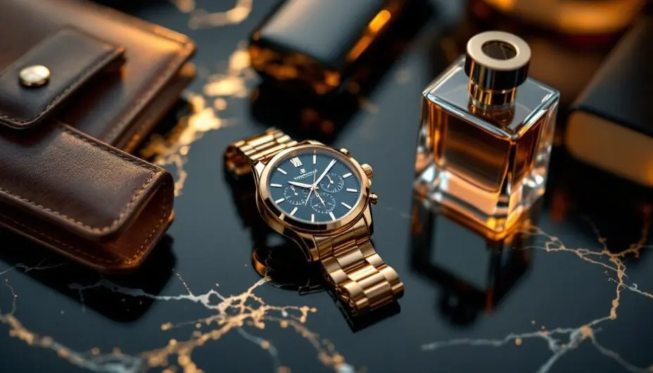 Luxury wedding gifts including premium luggage, matching watches, and a wine set displayed elegantly.