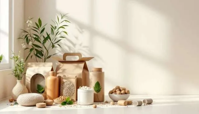 Eco-friendly wedding gifts like bamboo towels and zero-waste starter kits arranged in a sustainable bathroom setting.