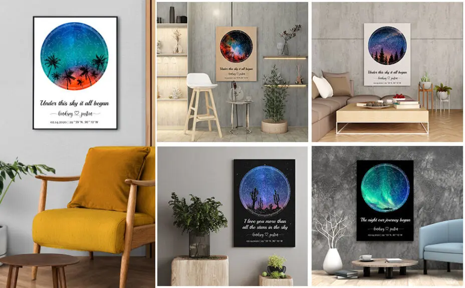 Personalized wedding keepsakes including a custom star map and illustrated couple portrait.