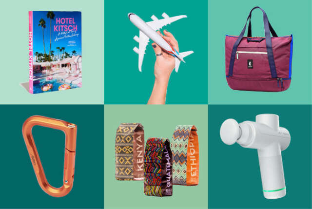 Travel-inspired wedding gifts with matching luggage tags, travel journal, and instant camera for honeymoon adventures.