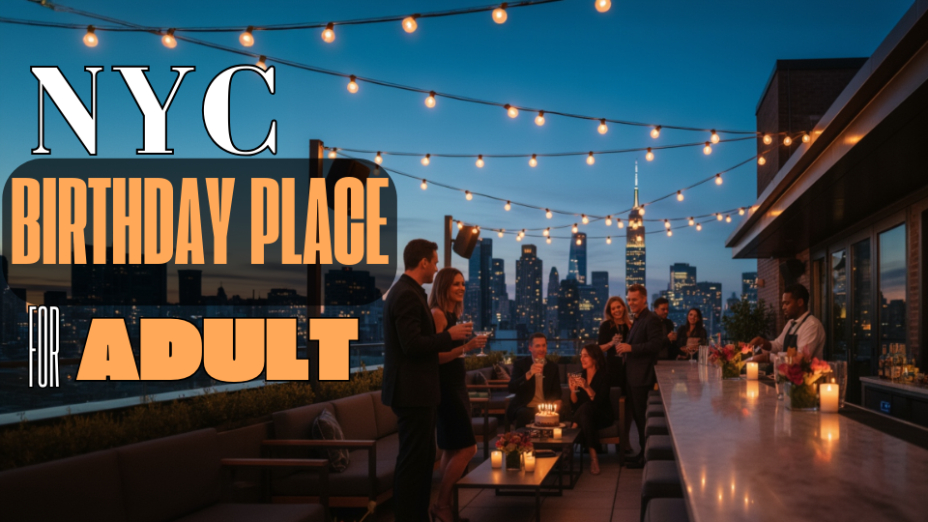 diverse adults in stylish attire, polished bar and low floral décor, Empire State silhouette in background.