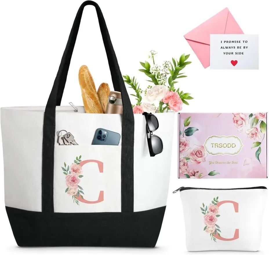 Floral Personalized Tote Bag with Makeup Bag for Women