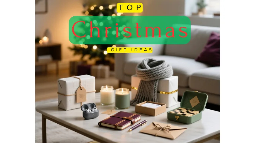 Modern Christmas gift flat-lay on a cozy coffee table with wrapped presents, candles, scarf, small gadgets, warm string lights, and a minimalist tree in the background.