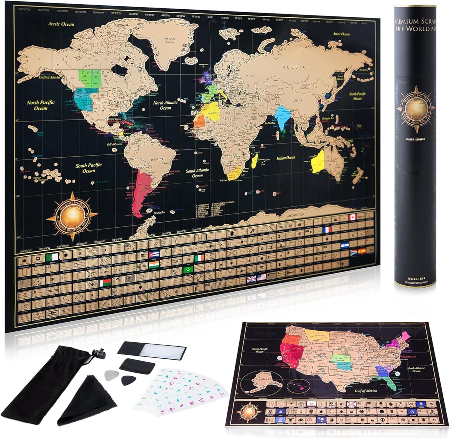 Scratch Off World Map Poster with Deluxe USA Map & Accessories Set