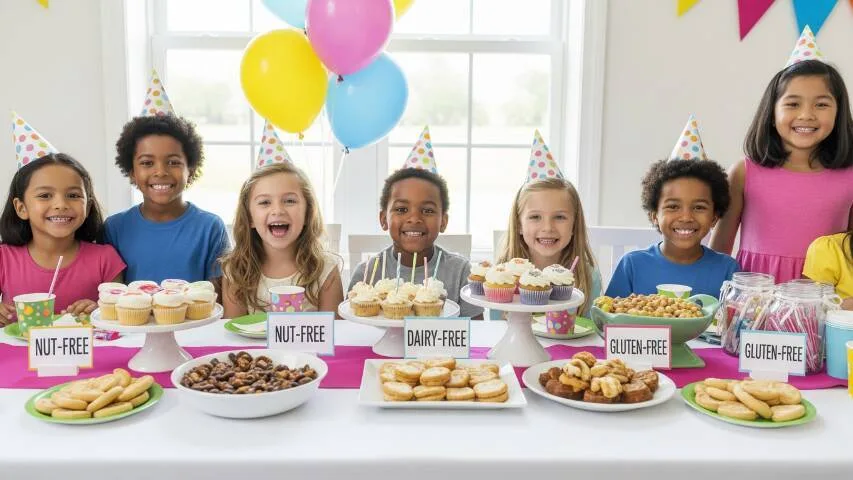 “Kids at a birthday party enjoying allergy-safe food with labeled dishes