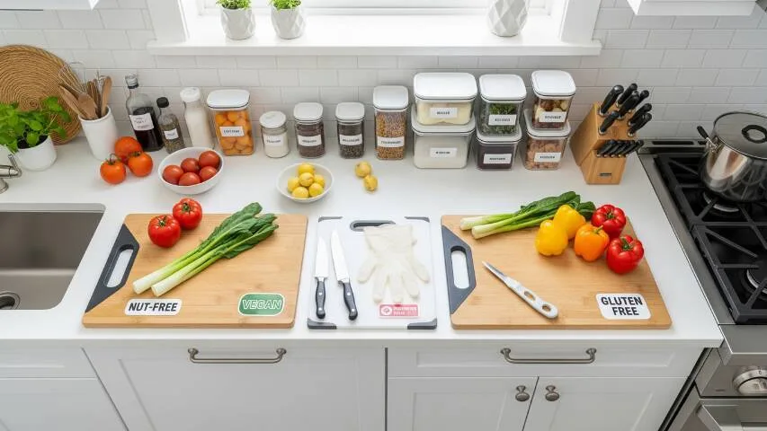 Clean preparation setup for allergy-friendly party food with separate tools and labels