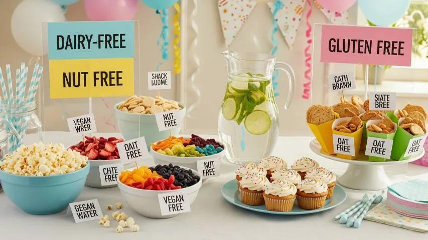 Colorful allergy-safe snack station with gluten-free, nut-free, and dairy-free options