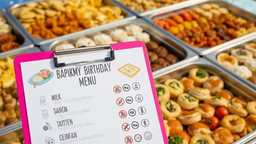 Printed allergy-safe birthday menu card with food allergy icons