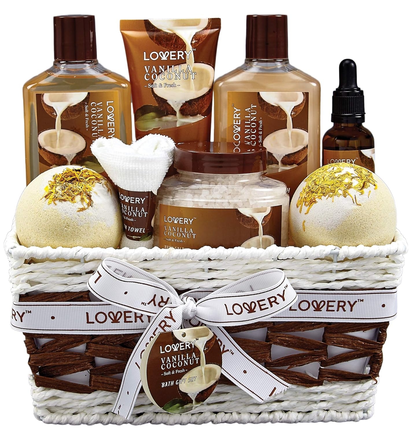 Gifts for Women Gift Basket – 9-Piece Vanilla Coconut Home Spa Set by LOVERY