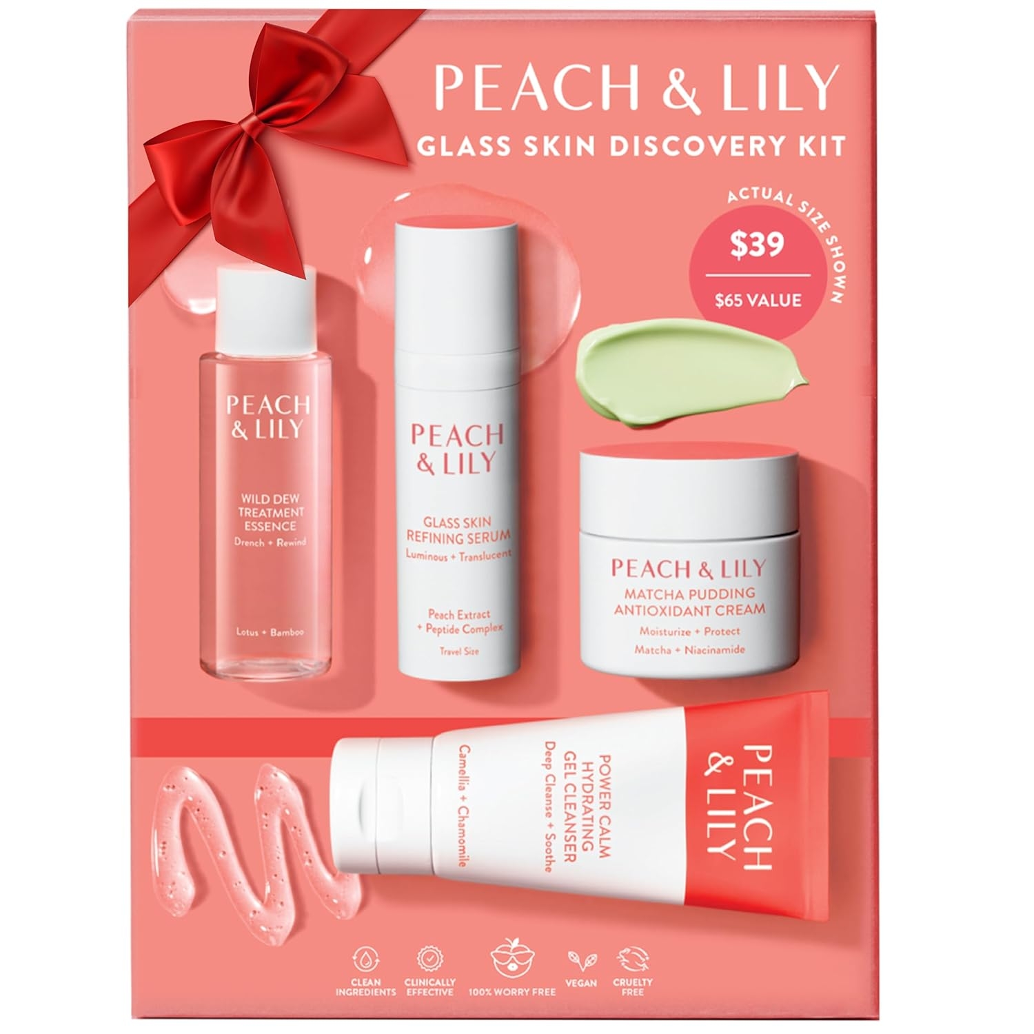 Peach & Lily — Glass Skin Discovery Kit (4-piece: cleanser, essence, serum, cream).
