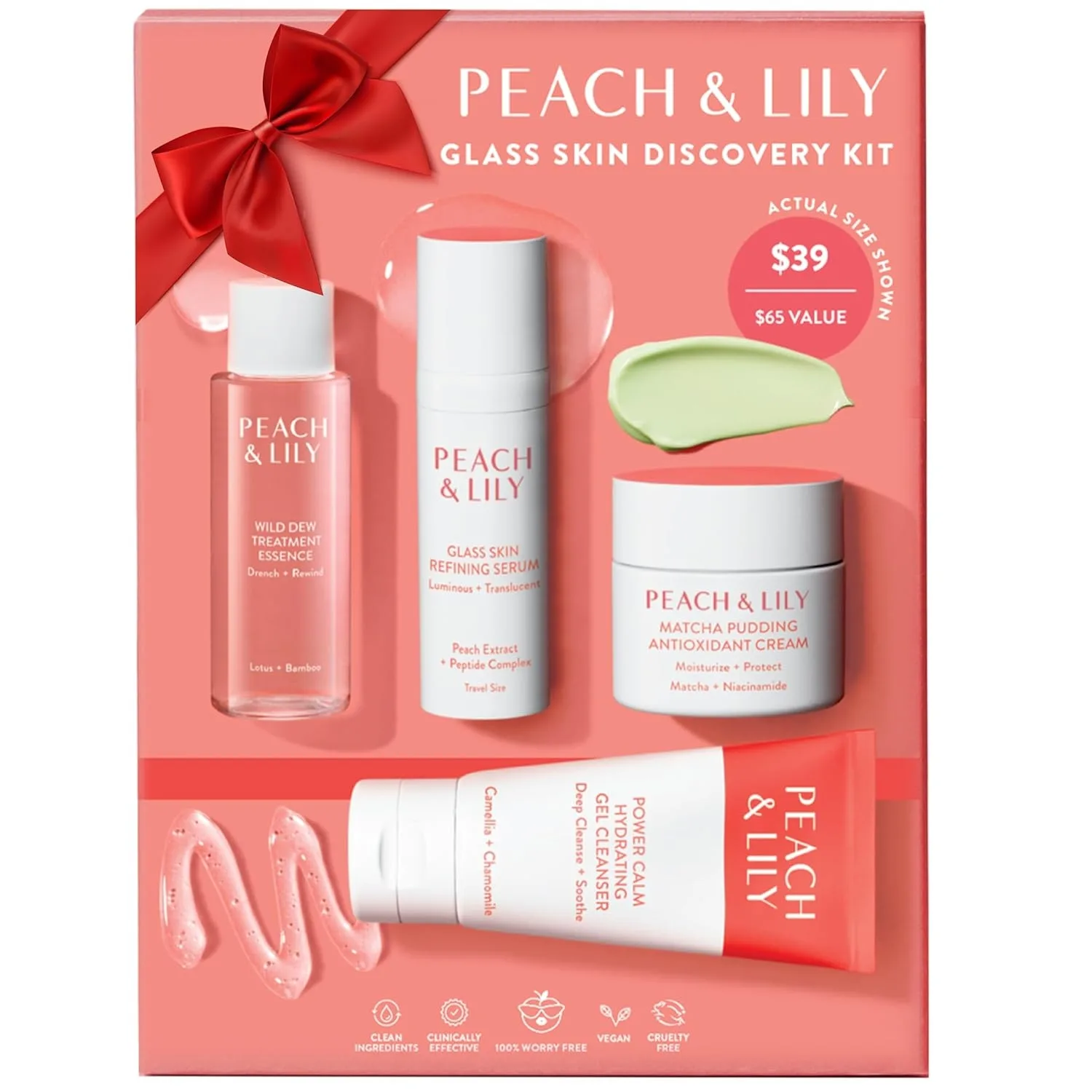 Peach & Lily — Glass Skin Discovery Kit (4-piece: cleanser, essence, serum, cream).