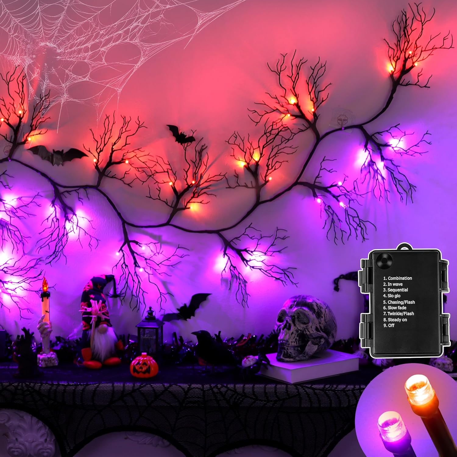 6 FT 45 LED Willow Vine Twig Decor Black Garland with Orange Purple Lights