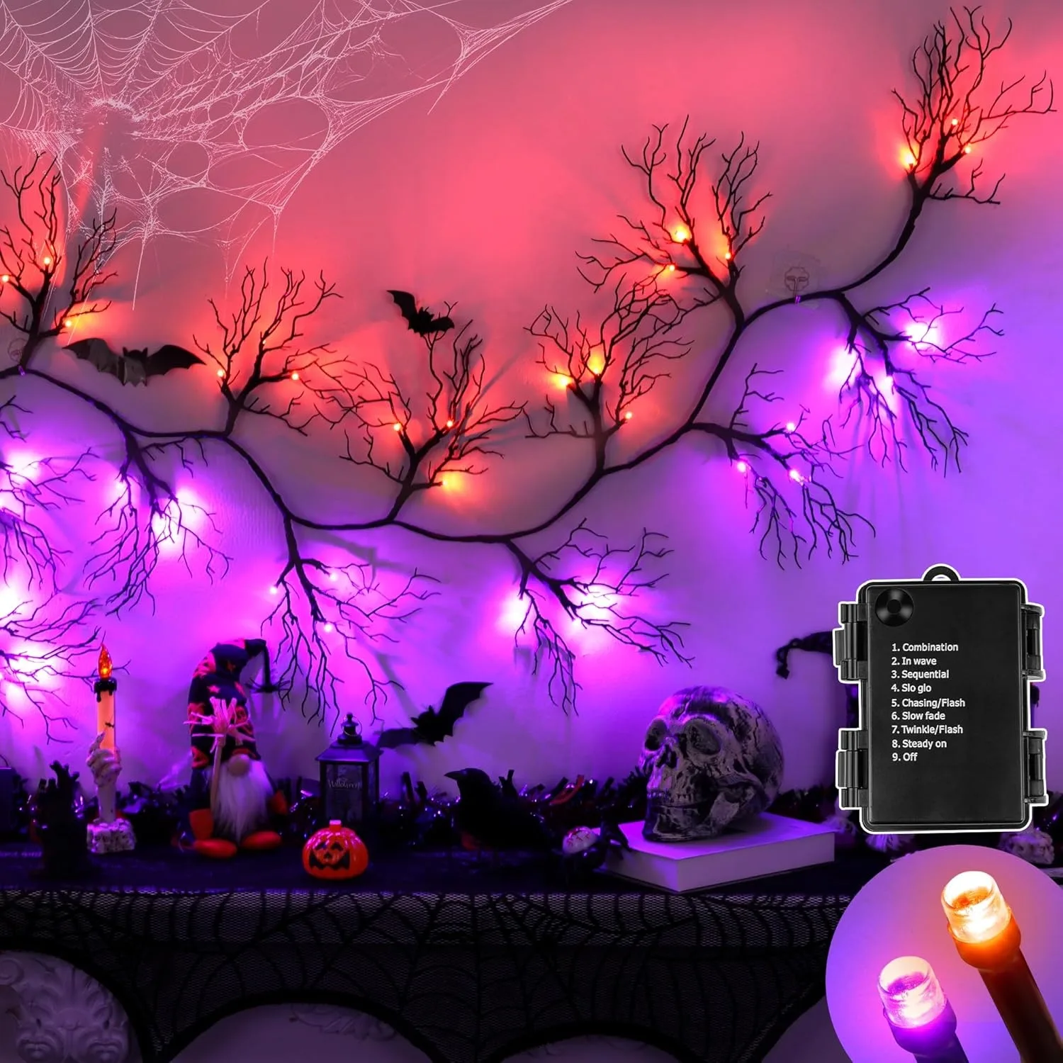 6 FT 45 LED Willow Vine Twig Decor Black Garland with Orange Purple Lights