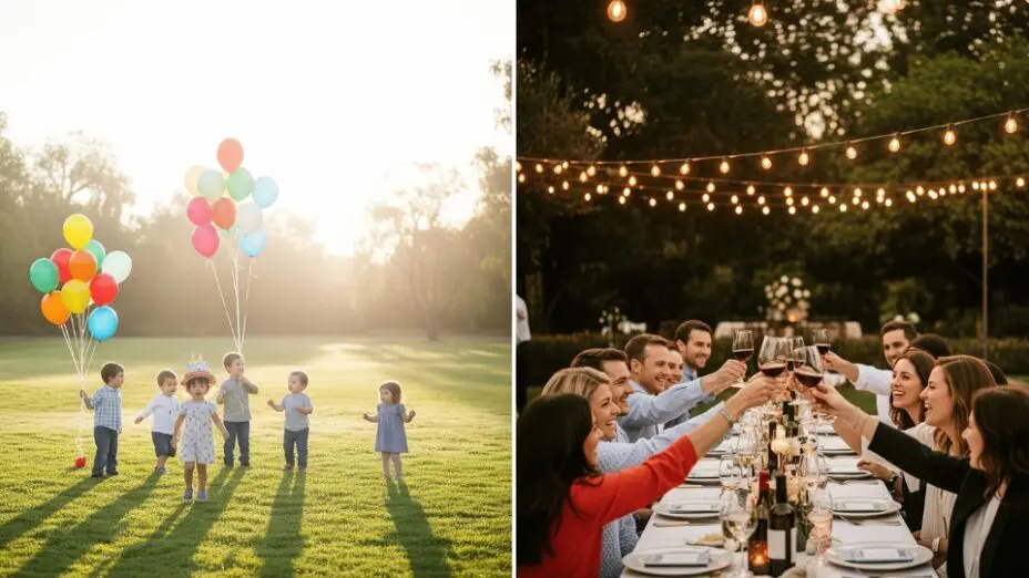 Split image: morning kids’ party + evening dinner party