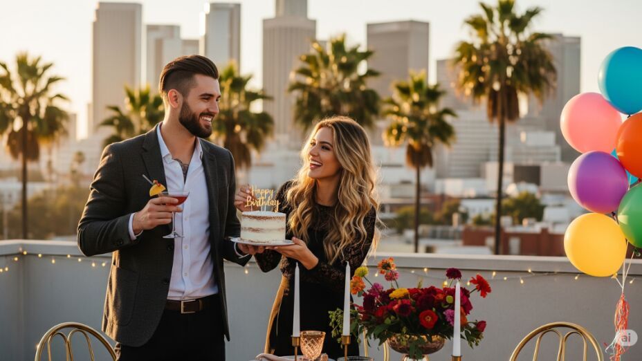 Young woman surprising her boyfriend with a birthday cake on a rooftop in Los Angeles at sunset, with festive decorations, city skyline, and a romantic atmosphere.