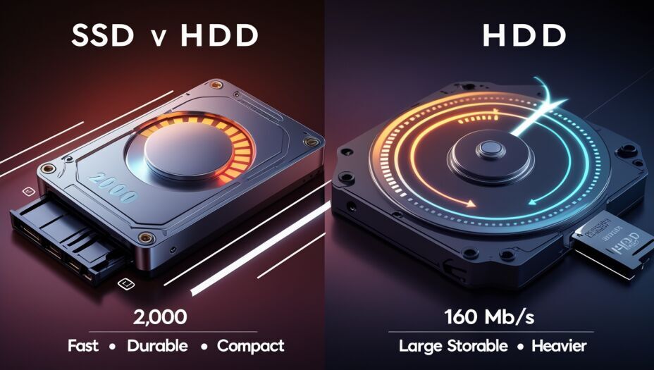 A side-by-side visual comparison of SSD vs. HDD in 2025, showcasing speed, durability, and storage capacity differences for buyers.