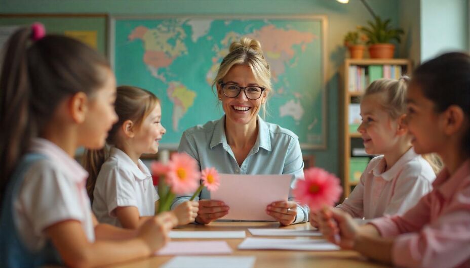 A vibrant classroom scene where a teacher is surrounded by students presenting handmade cards and flowers.