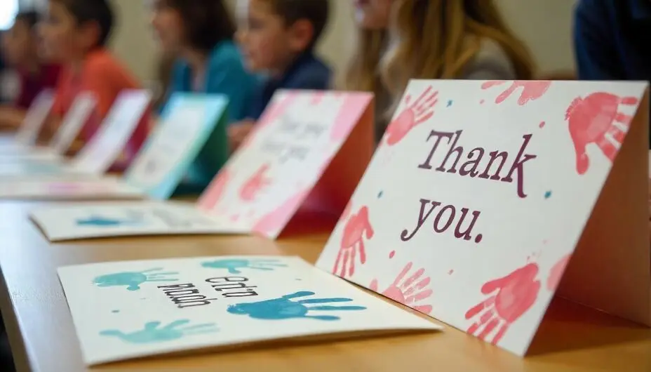 A vibrant collage of hand‑print cards and superhero pop‑up cards made by students, showcasing creative, student‑crafted thank‑you cards and personalized notes.